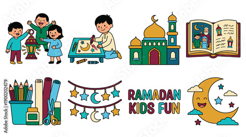 Children celebrating Ramadan with colorful illustrations, festive decorations, and joyful activities in a lively cultural setting