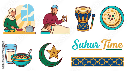 Suhur Time meal preparation illustration with traditional food, people, and Islamic symbols in a cultural setting from a straightforward viewpoint.