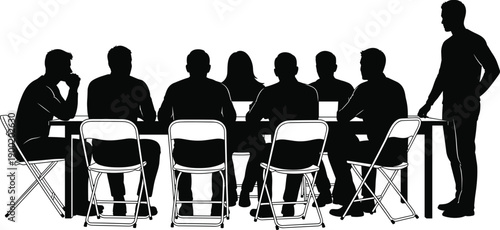 Business meeting silhouettes, professional team discussion, corporate conference table, leadership presentation, teamwork concept, office collaboration, decision making strategy