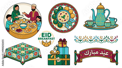 Eid celebration illustration with family, food, and traditional elements in a festive setting from a top viewpoint
