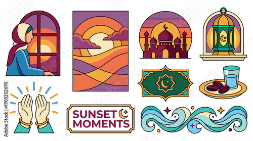 Serene Islamic illustrations depicting prayer, mosque, and sunset moments in a peaceful environment from various viewpoints