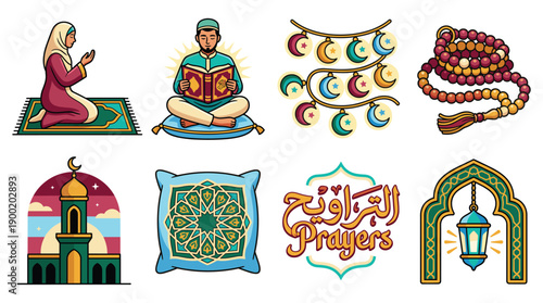 Ramadan Islamic Traditions and Lifestyle Activities Illustrations with Prayer and Food Elements