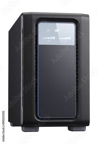 Tower-style line-interactive UPS with front-facing control panel and battery status indicators.