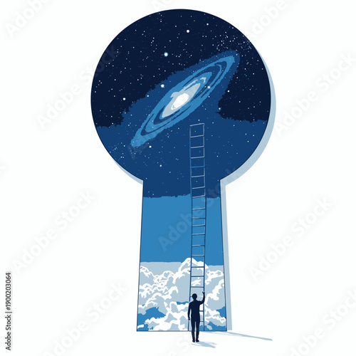 Illustration of an individual climbing a ladder towards a cosmic universe resembling a giant keyhole surrounded by clouds, symbolizing exploration and discovery