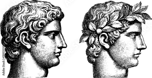 Classical statue silhouette with botanical elements - vintage engraving design