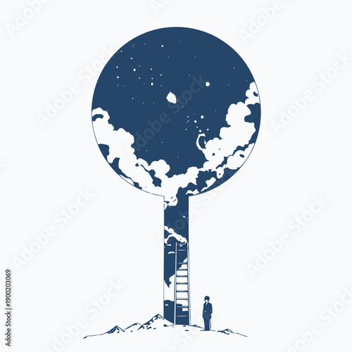 Journey to the Starry Sky through a Keyhole Shaped Portal with Ladders Reaching into a Cloud-Filled Universe Illuminated by Cosmic Light