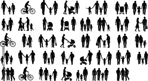 Family silhouettes collection, parents and children walking, parenting activities, stroller bicycle scenes, happy family lifestyle, isolated black icons set, vector