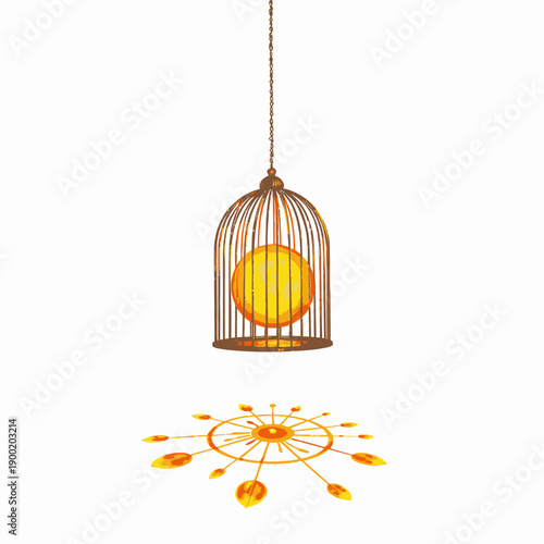 Elegant artistic installation featuring a glowing orb suspended within a decorative cage casting intricate shadows on a smooth white backdrop