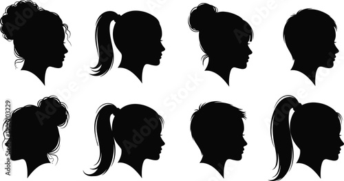 Female profile silhouette collection with diverse hairstyles, ponytail bun short hair, elegant women head faces isolated vector on white background