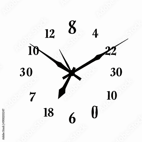 Surreal Clock Design with Asymmetrical Numerals and Unique Hand Placement Demonstrating Unconventional Time Interpretation on a Minimalist White Background