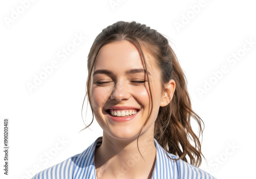 Young woman laughing with eyes closed isolated on transparent background