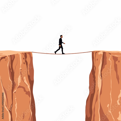 A lone figure bravely walks across a narrow rope bridge suspended high above a deep canyon, showcasing courage and balance in an awe-inspiring landscape