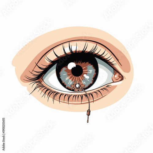 Intricate Illustration of a Human Eye with Mechanical Elements and Detailed Iris Design Depicting a Fusion of Organic and Technological Themes
