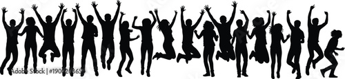 Group of happy people jumping silhouettes isolated on white background celebrating success, freedom, teamwork, youth energy and party lifestyle concept