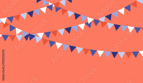 Minimal vector illustration of hanging bunting banners with triangular flags in blue, white and coral tones, placed on a solid coral background. Clean shapes and simple composition for festive or deco
