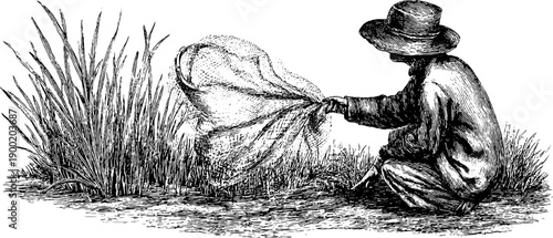 Vintage fisherman casting net in motion - retro botanical engraving design for posters