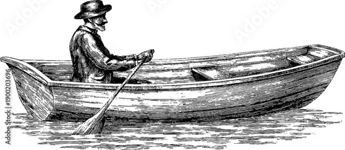 Vintage fisherman rowing a small boat - hand drawn botanical engraving design