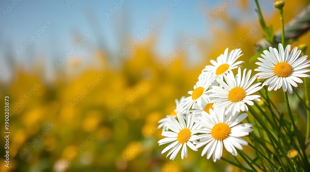 Fototapeta premium Dreamy White Daisies with Yellow Centers Against Blurred Golden Bokeh Background