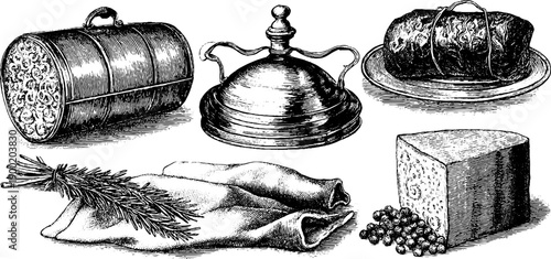 Vintage food preservation methods engraving for culinary design