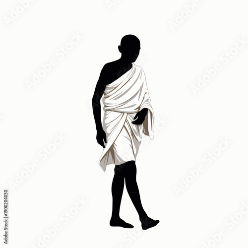 Minimalist illustration of a person in traditional draped fabric attire, captured in a dynamic walking pose, symbolizing simplicity and cultural heritage