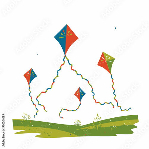 Colorful kites soaring high in the clear sky, gracefully gliding above a lush green landscape, capturing the essence of a carefree and joyful outdoor adventure