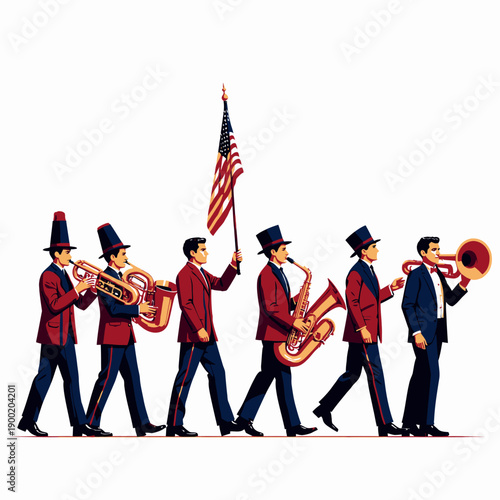 Colorful Parade of Marching Band with Musical Instruments and Flag Display in Coordinated Uniforms Celebrating a Festive Event in Motion