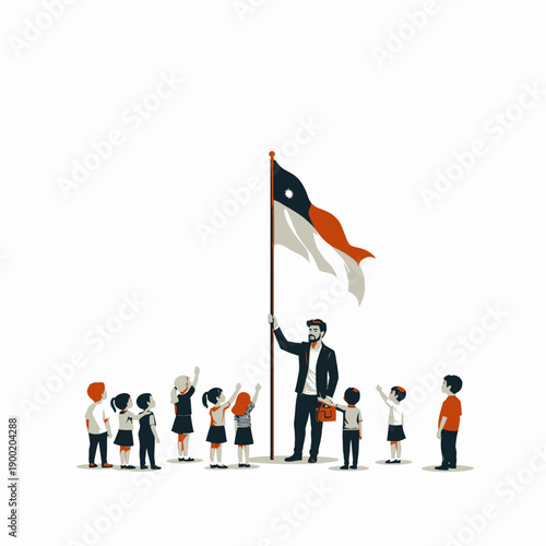 Teacher raising national flag surrounded by enthusiastic students participating in a patriotic school ceremony symbolizing unity and education