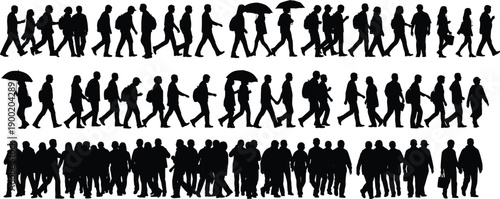 People walking silhouettes, crowd movement concept, urban commuters, anonymous pedestrians, daily life activity, population flow, society and mobility theme