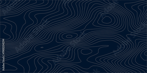 Abstract topographic map vector pattern with white contour lines on a deep navy blue background, representing terrain elevation and geographic landscape in a clean modern design style