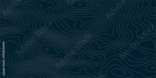 Minimal abstract topographic contour line pattern on dark navy blue background, featuring flowing white elevation lines that illustrate terrain maps and modern geographic design.
