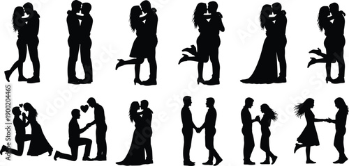 Romantic couple silhouettes, love and relationship poses, kissing hugging proposal moments, wedding engagement concept, passionate romance illustration set