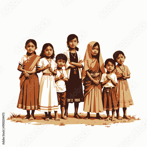 A group of diverse children standing in colorful traditional clothing, showcasing cultural harmony and unity with various expressions and vibrant attire