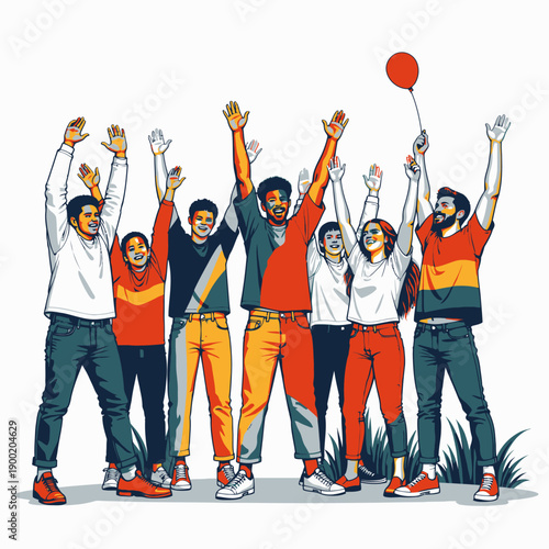 Joyful Group of Diverse People Celebrating with Raised Hands and Colorful Faces on a Bright Day Amidst Lush Greenery with One Person Holding a Red Balloon