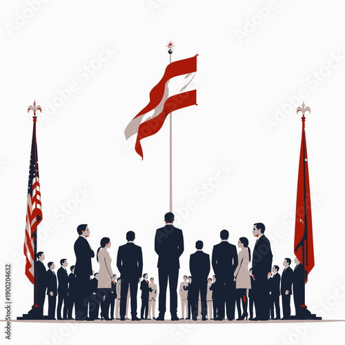 International coalition of diverse business leaders gathered under multiple national flags symbolizing global collaboration and strategic partnership