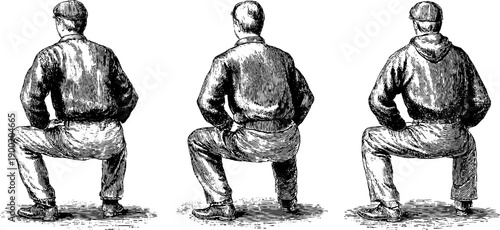 Vintage human figures in daily life stances with botanical elements