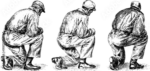 Vintage botanical engraving of human figures in daily life stance for retro design