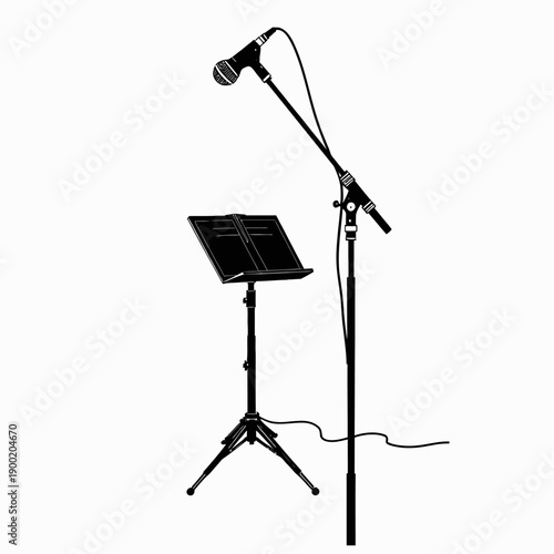 Silhouette of a Microphone and Music Stand with Sheet on White Background Capturing the Essence of Performance Preparation
