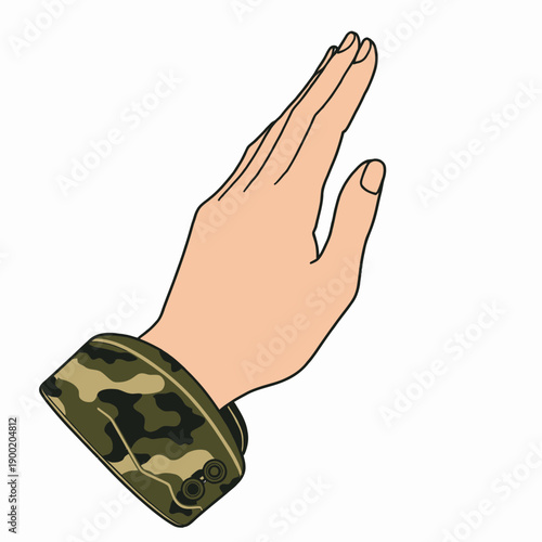Illustrated Hand Salute Gesture Featuring Camouflage Sleeve Symbolizing Military Honor and Respect Against a Plain Background