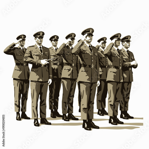 Uniformed Group of Soldiers in a Coordinated Salute Formation Captures Military Precision and Discipline Amidst a Bright Background