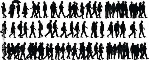 Walking people silhouettes, crowd line movement, urban commuters, anonymous pedestrians, daily routine concept, population flow, modern city lifestyle theme
