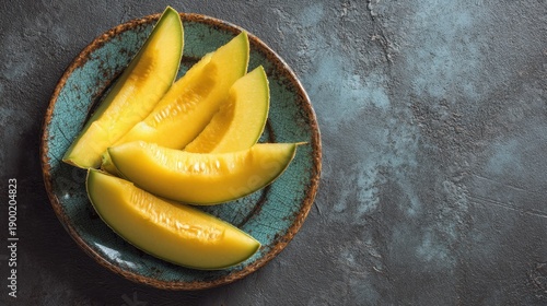 Sliced ripe cantaloupe on ceramic plate with rustic background.