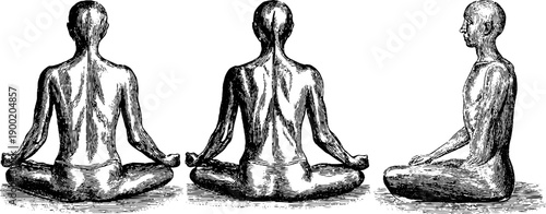 Vintage botanical illustration of seated human figures in meditative posture