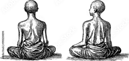 Vintage botanical engraving of seated human figure in meditative pose