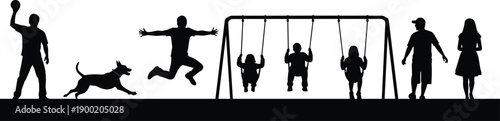 Silhouette family at playground, parents children and dog outdoors, childhood activity, park lifestyle scene, people walking swinging and jumping