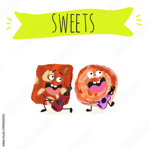 Funny Characters cezerye, carrot dessert, Turkish traditional food. Hand drawn vector illustration.