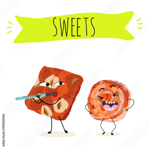 Funny Characters cezerye, carrot dessert, Turkish traditional food. Hand drawn vector illustration.