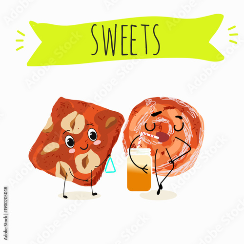 Funny Characters cezerye, carrot dessert, Turkish traditional food. Hand drawn vector illustration.