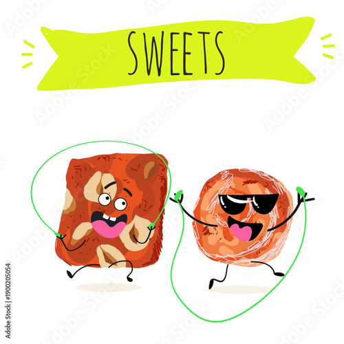 Funny Characters cezerye, carrot dessert, Turkish traditional food. Hand drawn vector illustration.