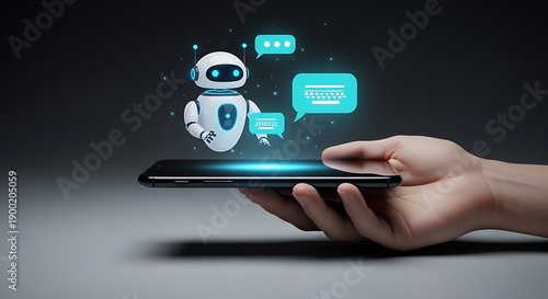 Wallpaper Mural Hand holding a tablet with a floating robot and speech bubbles in a futuristic digital interface Torontodigital.ca