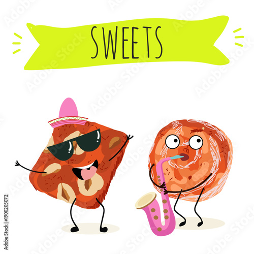 Funny Characters cezerye, carrot dessert, Turkish traditional food. Hand drawn vector illustration.